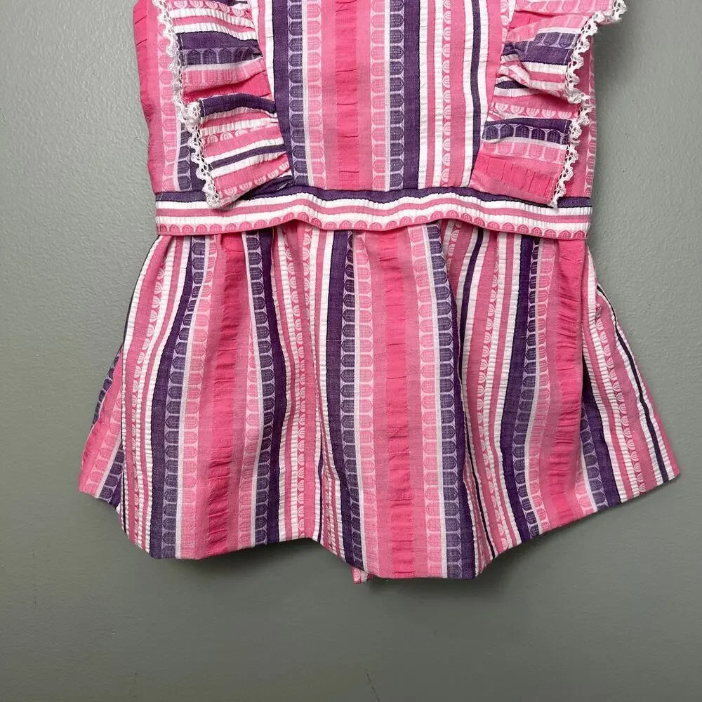 Vintage 70's Pinafore Dress Toddler Girl's Pink Purple Ruffle Stripe Summer Mini